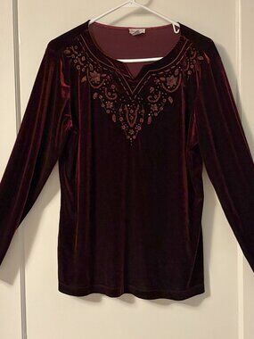 Bechamel burgundy velvet blouse size large beading floral embellishment boho